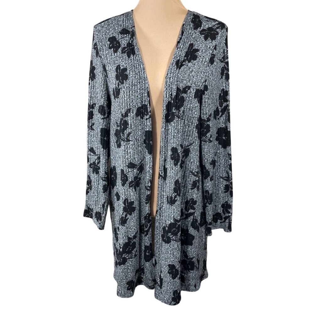 I.N. Studio Cardigan Sweater Open Front Floral Grey Size 1X Ribbed Longline